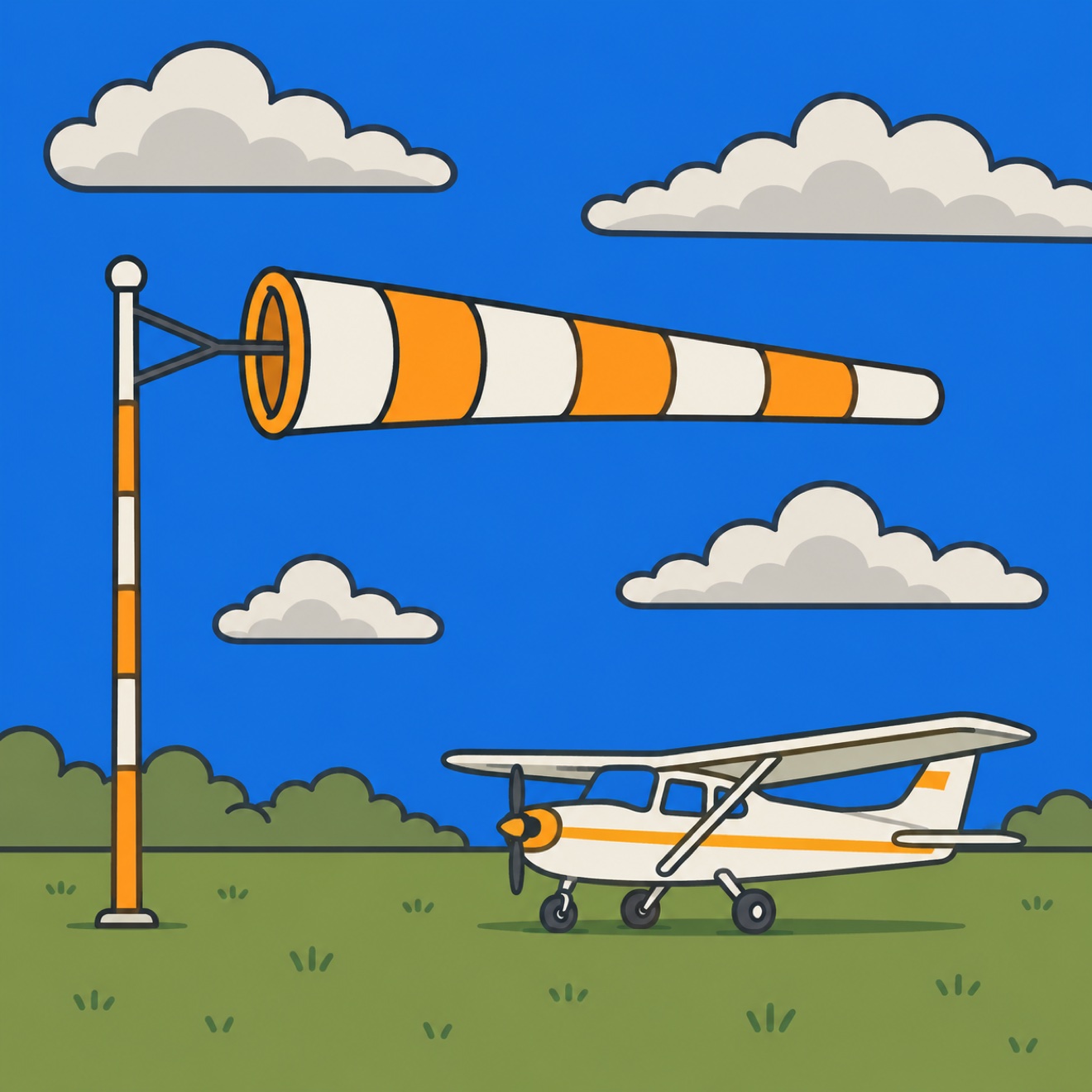 Illustration of a windsock blown fully horizontal under a partly cloudy sky
