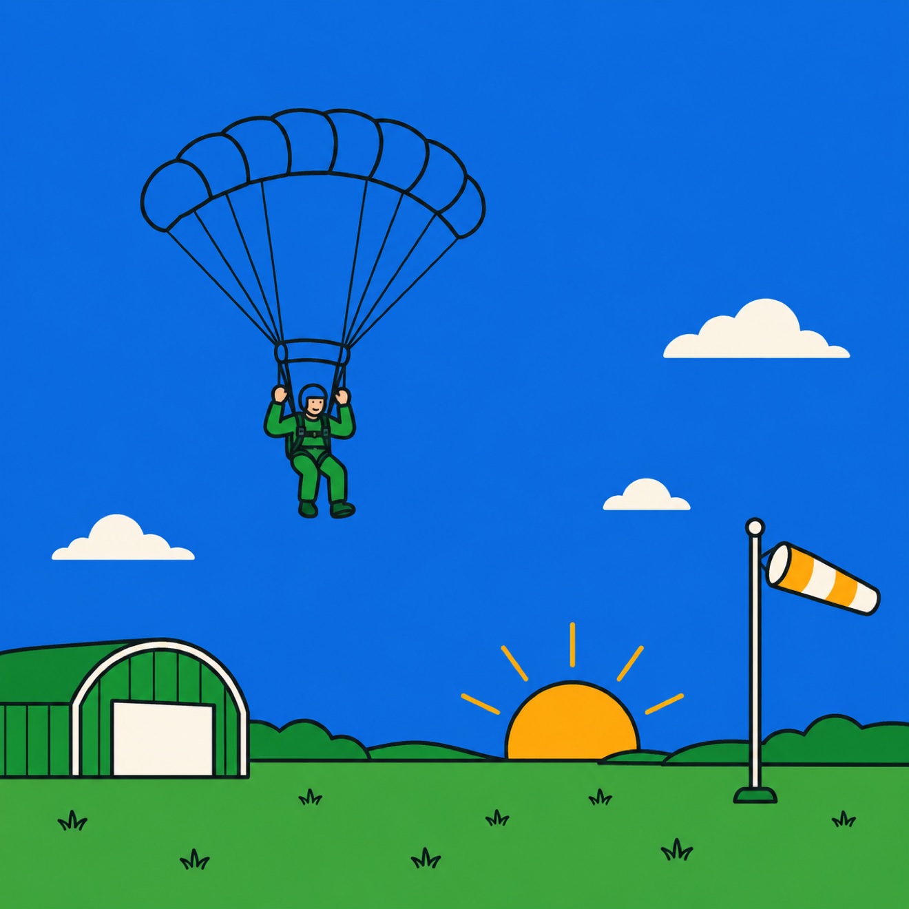 Illustration of a skydiver descending under canopy on a clear morning with a gentle windsock