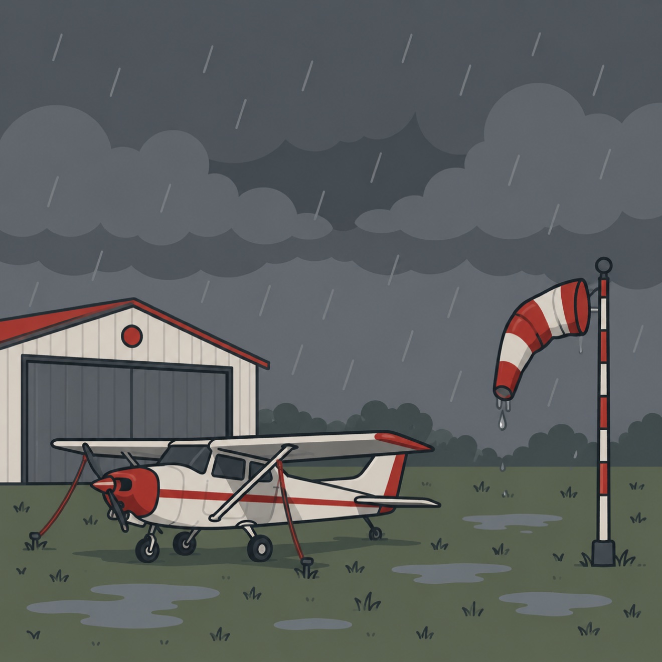 Illustration of a grounded light aircraft in heavy rain under low grey cloud